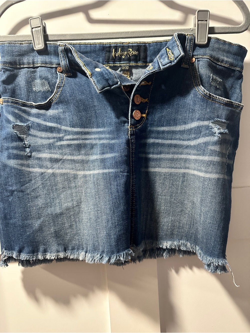 Indigo Rein Blue Distressed Button-Front Denim Mini Skirt